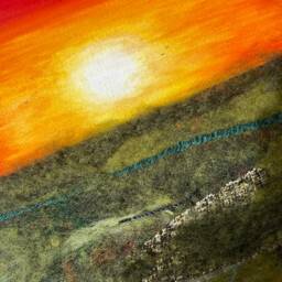 Handmade Textile Art Cottage Landscape Sunset Picture - thumbnail 3