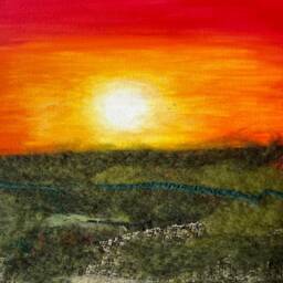 Handmade Textile Art Cottage Landscape Sunset Picture - thumbnail 2