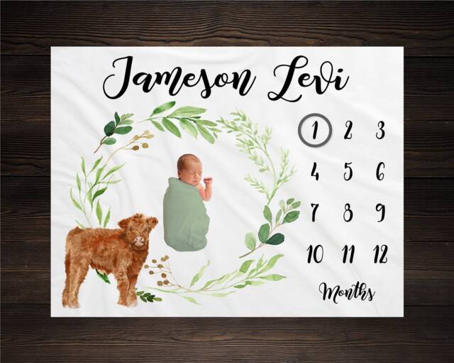 Cow Milestone Blanket Month Baby Growth Tracker Soft Shower Gift Newborn Boy Watch Me Grow Farmer Country - image 1