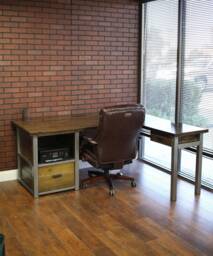 Rustic L-Shaped Wood & Steel Desk With Cabinet