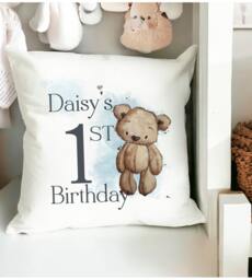 Personalised First Birthday Cushion, Baby Bear Baby's , 1st Gift - thumbnail 1