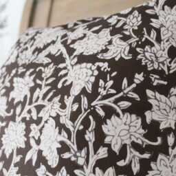 Brown Floral Cushion Cover 50x50cm - Farmhouse Block Print Pillow Cover, Cotton - thumbnail 4