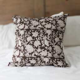 Brown Floral Cushion Cover 50x50cm - Farmhouse Block Print Pillow Cover, Cotton - thumbnail 2