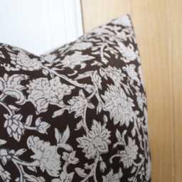 Brown Floral Cushion Cover 50x50cm - Farmhouse Block Print Pillow Cover, Cotton - thumbnail 3