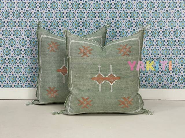 Yakiti-Green Square Moroccan Pillows 20x20, Aka Cactus Silk Pillow, Sabra Pillows, Outdoor Luxury Pillow, Durable & Weather Resistant - image 1