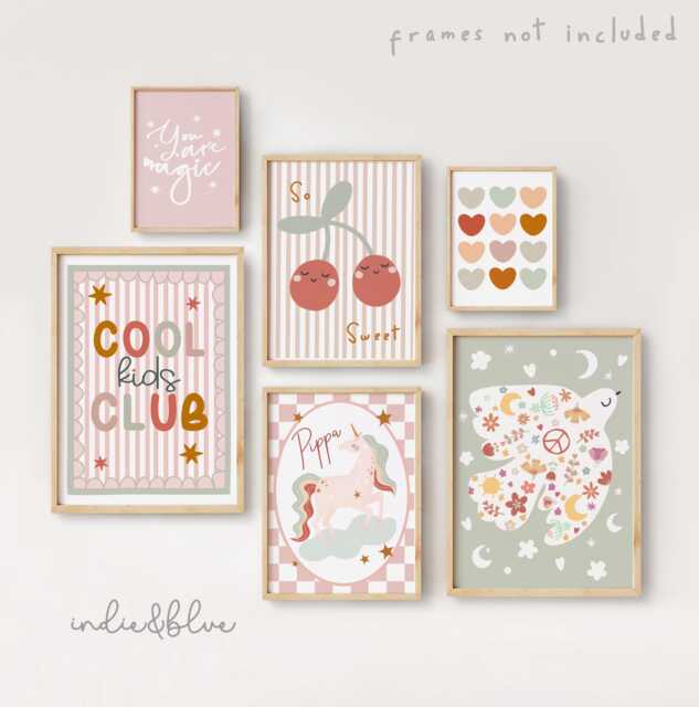 Personalised Set Of 6 Girls Gallery Wall Prints, Cool Kids Club, Unicorn Magic Positivity Girl Bedroom Art, Sage Green & Dusky Pink - image 1