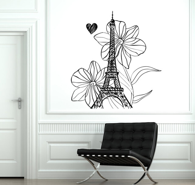Wall Decal Paris France Vacation Flower Heart Romantic Vinyl Sticker 1813Dz - image 1