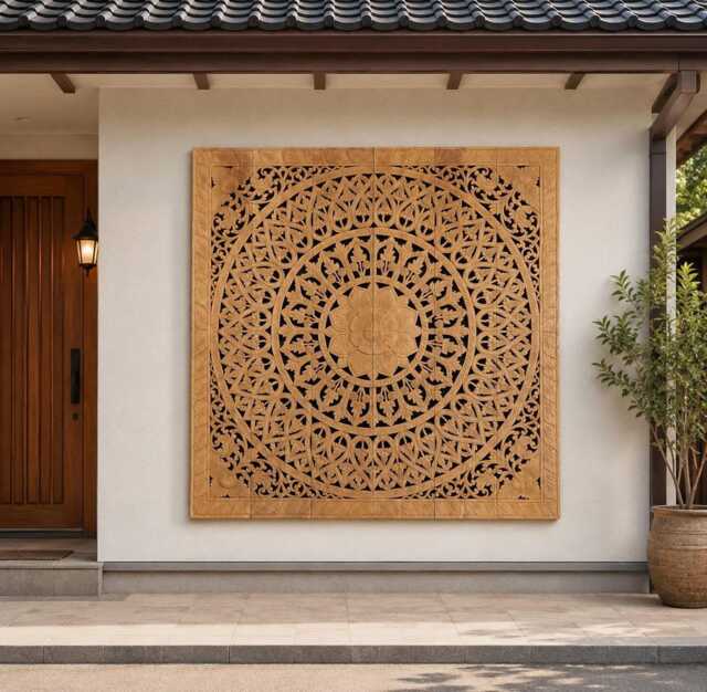 Hand Carved Teak Wood California King Headboard, White Natural Brown Floral Lotus Mandala Boho Wall Art 180cm 72 Inch - image 1