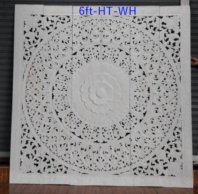 Large White King Headboard Mandala Wall Art Panel Bohemian 72 Inches Lotus Flower Wooden Hand Craved Carve Craving Teak Wood Thai - image 1