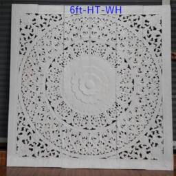 Hand Carved Teak Wood California King Headboard, White Natural Brown Floral Lotus Mandala Boho Wall Art 180cm 72 Inch - thumbnail 2