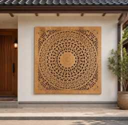 Hand Carved Teak Wood California King Headboard, White Natural Brown Floral Lotus Mandala Boho Wall Art 180cm 72 Inch