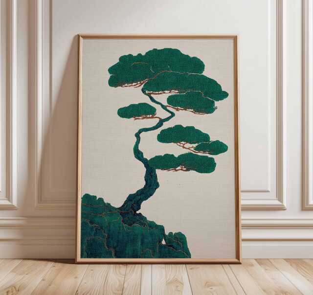 Japanese Bonsai Tree Art Print, Minimalist Nature Wall Art, Zen Landscape Poster, Modern Asian Decor, Green Botanical Artwork - image 1