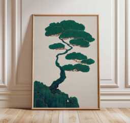 Japanese Bonsai Tree Art Print, Minimalist Nature Wall Art, Zen Landscape Poster, Modern Asian Decor, Green Botanical Artwork - thumbnail 1