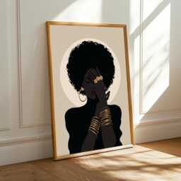 Afrocentric Woman Silhouette Art Print Black, Gold & Beige Boho Decor - Poster Only - thumbnail 1