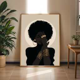 Afrocentric Woman Silhouette Art Print Black, Gold & Beige Boho Decor - Poster Only - thumbnail 2
