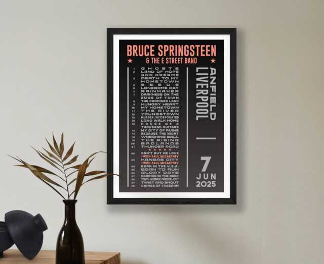 Bruce Springsteen 2025, 2024 & 2023 Setlist Dark Poster Print - UK Gig Concert Tour Liverpool Wembley Live Band Retro Gift - image 1