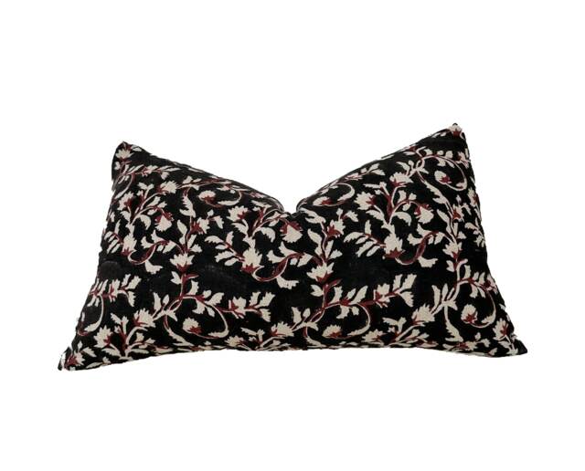 Block Print Pillow Cover. Black & Rusty Color Floral 12x20 - image 1