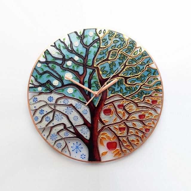 stained Glass Clock, Wall Glass, Painting, Hand Painted Unique Art Modern Clock, Four Seasons - image 1