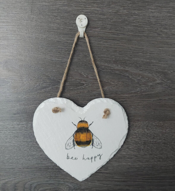 Bee Happy Slate Heart Plaque Decoupaged Bumblebee Wall Hanging - image 1