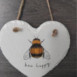 Bee Happy Slate Heart Plaque Decoupaged Bumblebee Wall Hanging - thumbnail 2
