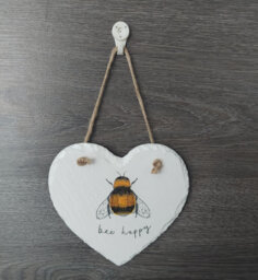 Bee Happy Slate Heart Plaque Decoupaged Bumblebee Wall Hanging