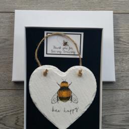 Bee Happy Slate Heart Plaque Decoupaged Bumblebee Wall Hanging - thumbnail 3