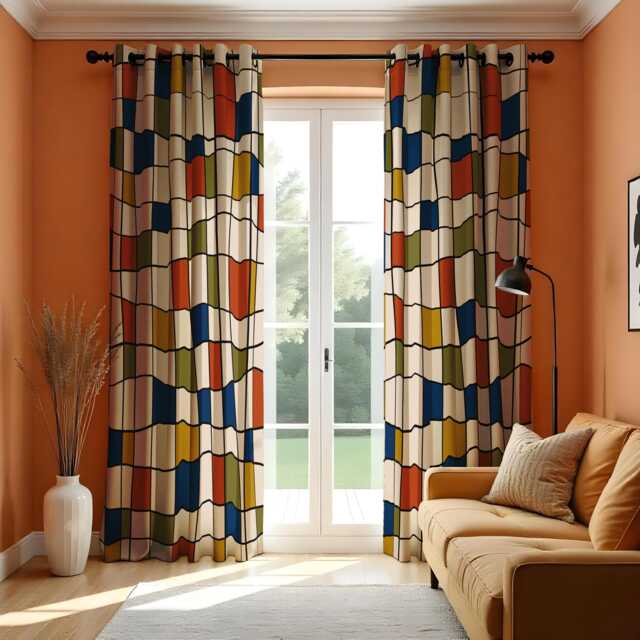 Retro Geometric Block Print Curtains, Mid Century Modern Colorful Drapes For Living Room Or Bedroom, Classic Style Window Panels - image 1