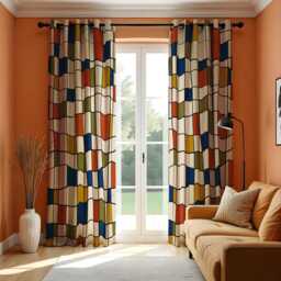 Retro Geometric Block Print Curtains, Mid Century Modern Colorful Drapes For Living Room Or Bedroom, Classic Style Window Panels - thumbnail 1