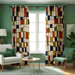Retro Geometric Block Print Curtains, Mid Century Modern Colorful Drapes For Living Room Or Bedroom, Classic Style Window Panels - thumbnail 3