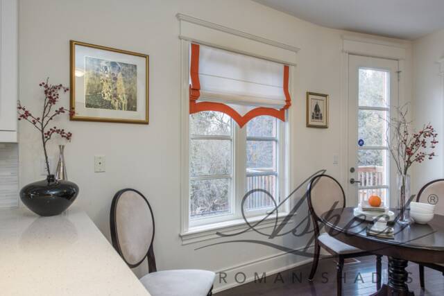 Custom Flat Roman Shade, White Faux Linen With Navy Border, Cordless - image 1
