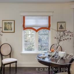 Custom Flat Roman Shade, White Faux Linen With Navy Border, Cordless - thumbnail 2
