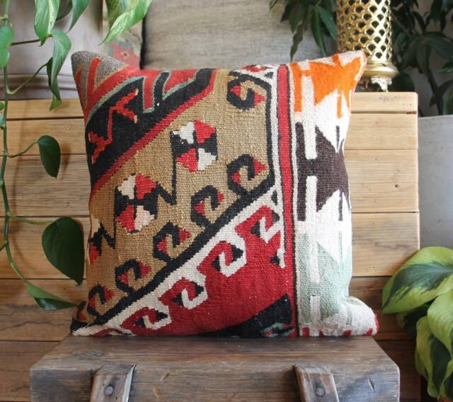 40cm - 16Inch First Class Boho Kilim Cushion Cover Handwoven - Slitweave Red Beige Off White - image 1
