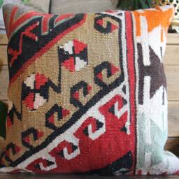 40cm - 16Inch First Class Boho Kilim Cushion Cover Handwoven - Slitweave Red Beige Off White - thumbnail 2