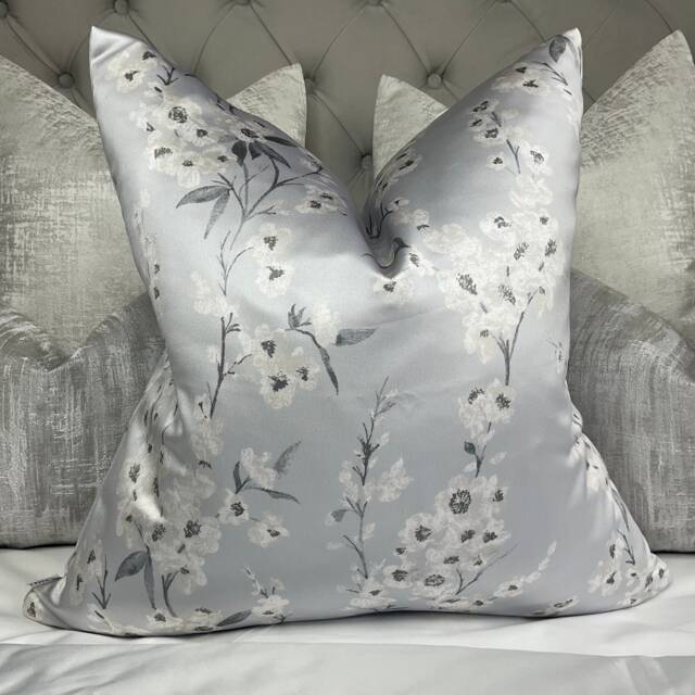 Floral Cushion Cover, Pillow Elegant - Designer Ashley Wilde Fabric , Blue Grey Silver Satin Look/Worldwide Shipping - image 1