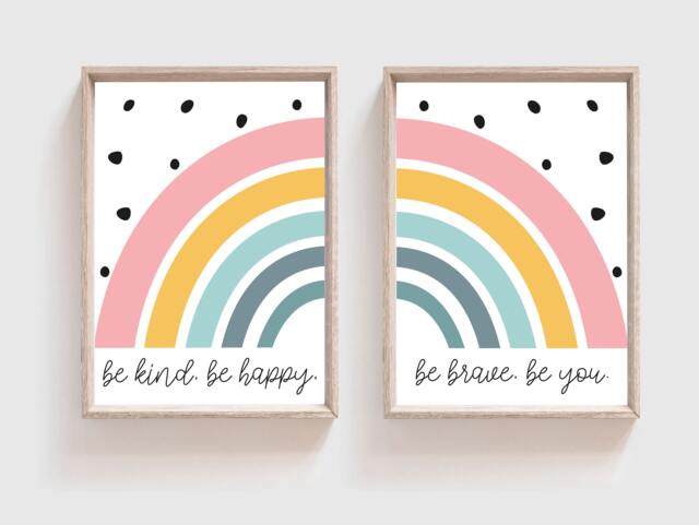 2 Girls Rainbow Wall Art, Bedroom Prints, Nursery Decor, Kids Room, Coral, Mint, Playroom Be Kind Brave Happy - image 1