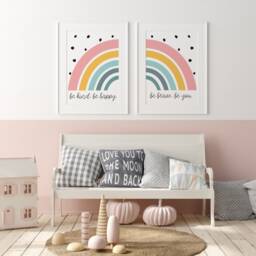 2 Girls Rainbow Wall Art, Bedroom Prints, Nursery Decor, Kids Room, Coral, Mint, Playroom Be Kind Brave Happy - thumbnail 3