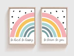 2 Girls Rainbow Wall Art, Bedroom Prints, Nursery Decor, Kids Room, Coral, Mint, Playroom Be Kind Brave Happy - thumbnail 1