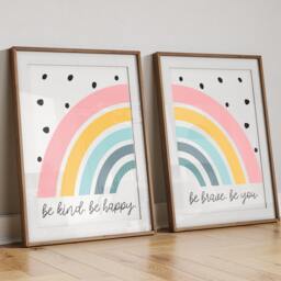 2 Girls Rainbow Wall Art, Bedroom Prints, Nursery Decor, Kids Room, Coral, Mint, Playroom Be Kind Brave Happy - thumbnail 2