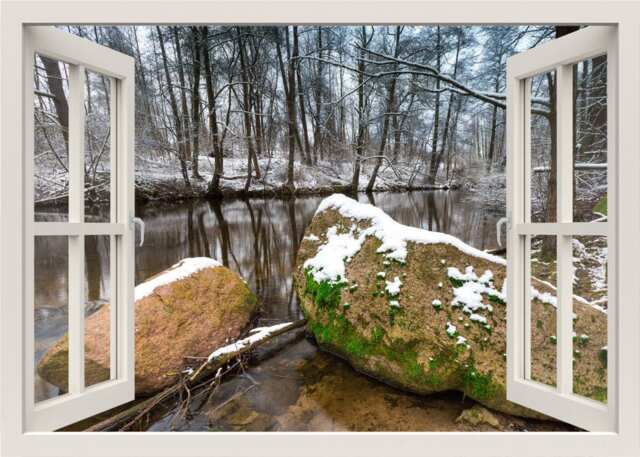 River Winter Scene Wall Decal, 3D Window View Trees Sticker, Nature Mural, Bedroom Home Decor Living Room