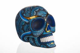 Hand Made Resin Skull, Hand Painted, Tribal Skull Art, Homeware, Blue