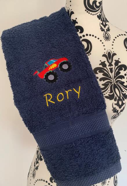 Monster Truck Towel - Personalised Face Cloth/Hand Bath = Embroidered With Truck & Text - image 1