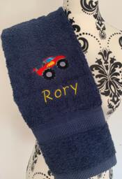 Monster Truck Towel - Personalised Face Cloth/Hand Bath = Embroidered With Truck & Text - thumbnail 1