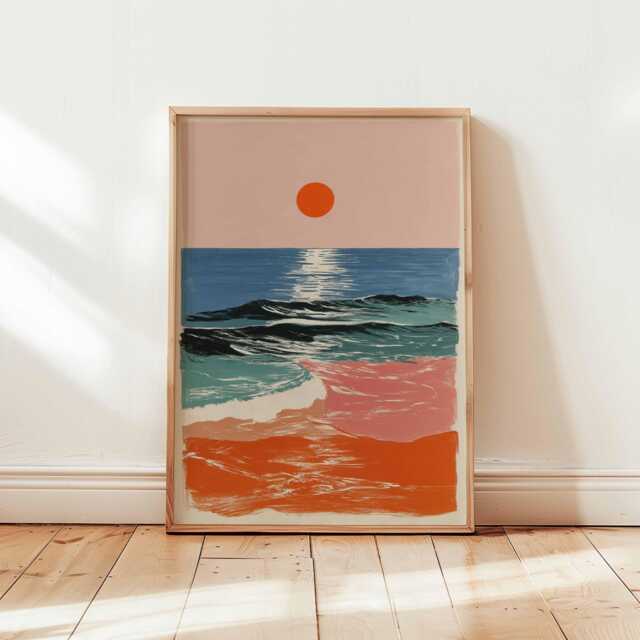 Retro Sunset Ocean Waves Poster - Abstract Coastal Wall Art, Modern Beach Sunrise Print in Bold Colors, Unframed Home Decor - image 1
