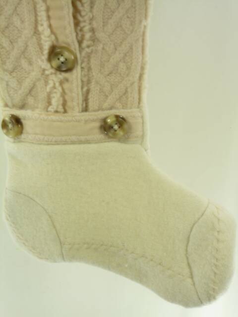 Christmas Stocking Boiled Wool Cable Knit Felt Cream Off White Fringe Buttons Repurposed Sigrid Olsen Sweater Ooak Recycled Upcycled 926 - image 1