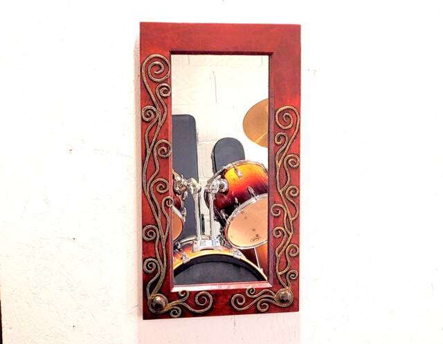 Rectangle Dark Red Gold Art Nouveau Arts & Crafts Boudoir Burlesque Steampunk Wall Mirror 78 cm Long Hand Made - image 1