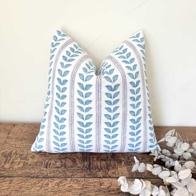 1715. Emmy Denim Blue Leaves Stripes, Handmade 100% Cotton Cushion Cover, Various Sizes - image 1