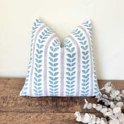 1715. Emmy Denim Blue Leaves Stripes, Handmade 100% Cotton Cushion Cover, Various Sizes - thumbnail 1