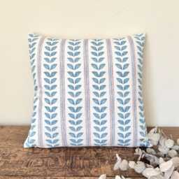 1715. Emmy Denim Blue Leaves Stripes, Handmade 100% Cotton Cushion Cover, Various Sizes - thumbnail 2
