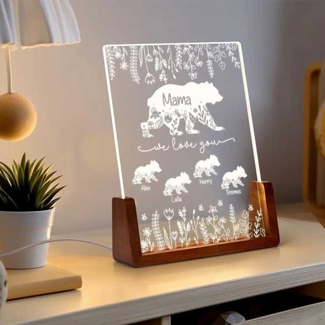 Engraved Bear Family Acrylic Night Light, Custom Led Wooden Base Lamp, Personalized Gift For Mom, Dad, Or Grandma - image 1