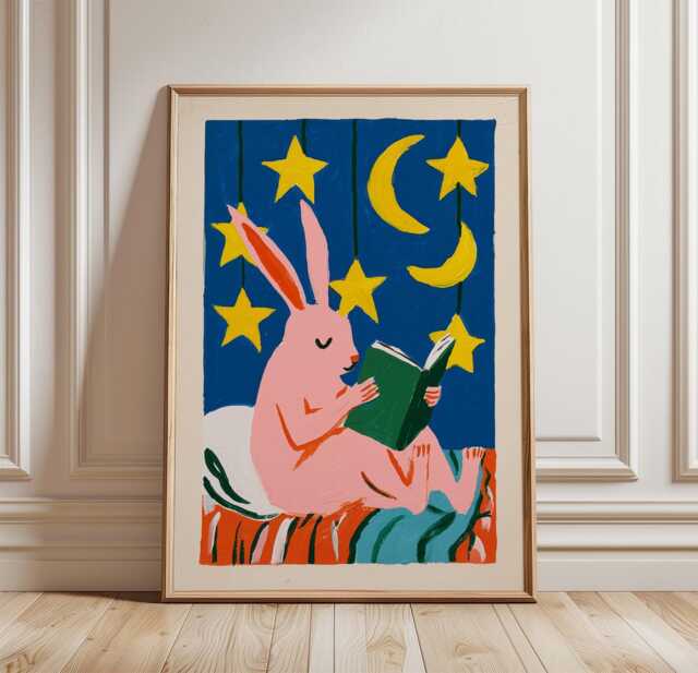 Reading Bunny Poster, Nursery Animal Print, Children's Wall Art - image 1